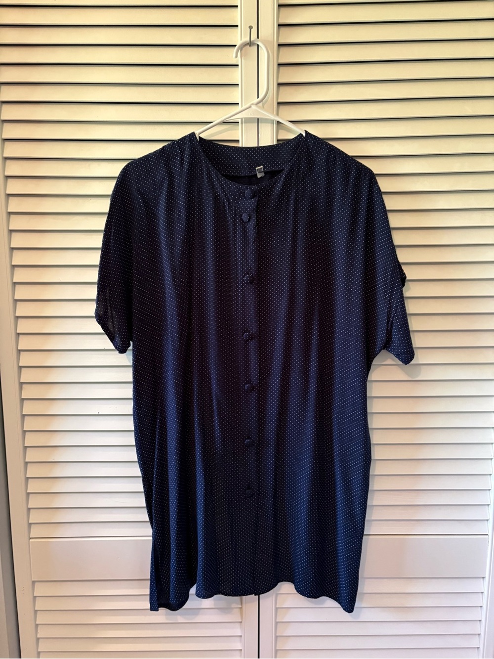 Women Navy White Polka Dot Short-Sleeve Button Down Tunic Shirt Classic Neutral